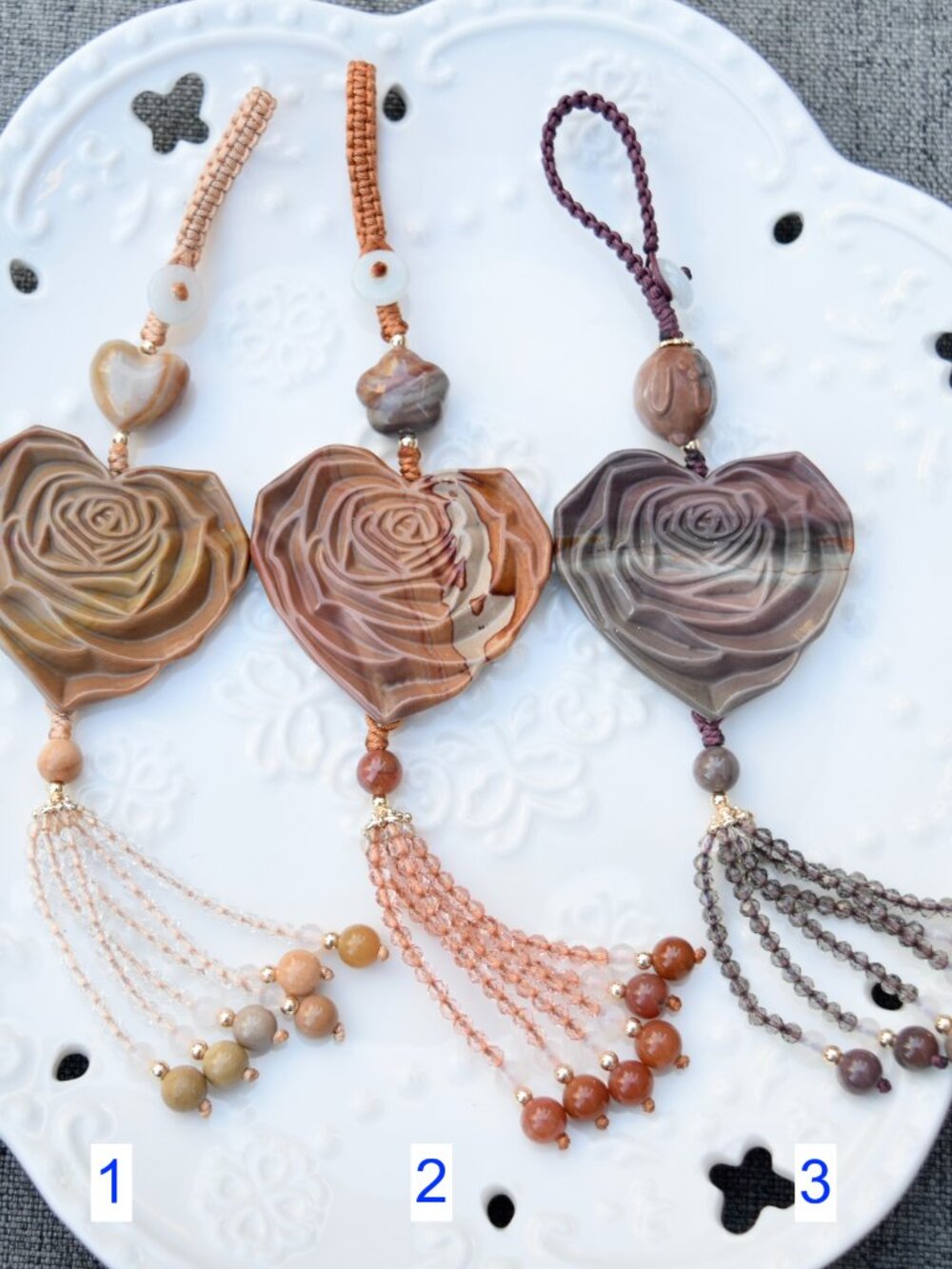 Heart Rose Ornament - Bag Charm Keychain Tassel - Polychrome Jasper